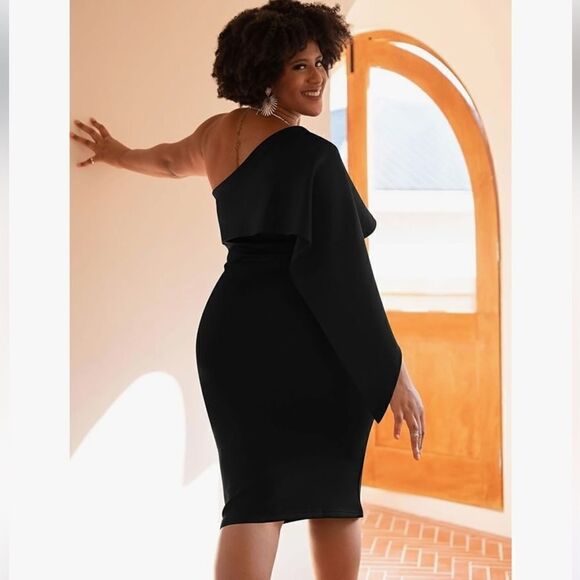 Elegant One Shoulder Layered Irregular Sleeve Black  Midi Dress - Picture 3 of 13